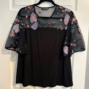 Kim & Cami Black Sheer Top with Floral Embroidery